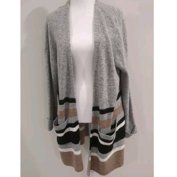 Evereve Peyton Jensen Womens Gray, Black Tan Stripe Cardigan Pockets Sz XS/S - Picture 1 of 12